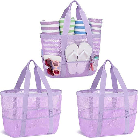 Hillban Large Beach Mesh Bags Bulk for Women Beach Tote Bag with 8 Pocket Zipper Waterproof Sandproof for Pool Cruise Ship