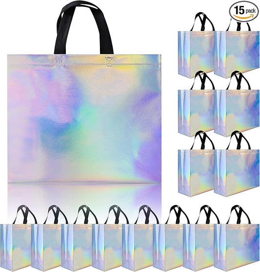 cabzymx Glossy Iridescent Gift Bags 15 Pcs, 12.6x4.7x11 In Reusable Goodie Bags Bulk with Handles & Sturdy Base, Christmas...