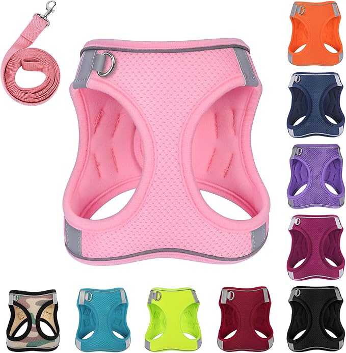 PWOD Dog Harness with Leash Set, No-Pull Step-in Reflective Pet Harness with 1 Leash Clips, Adjustable Soft Padded Easy Wa...