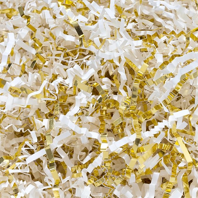 Wowxyz 2 LB Crinkle Cut Paper Shred White & Gold Gift Box Filler - Baskets Stuffing Shredded Paper Confetti for Christmas,...