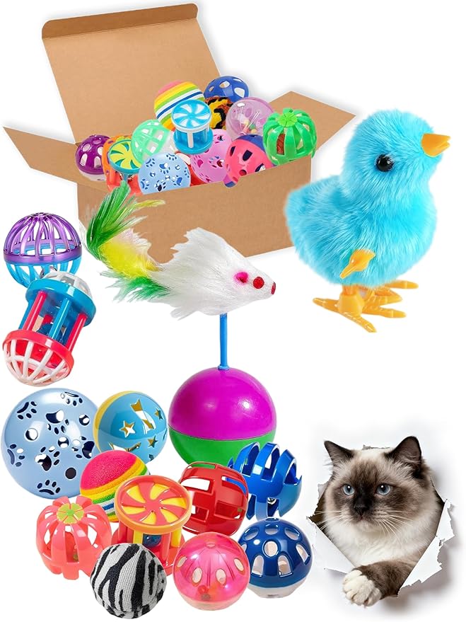 DIYUQISHI 22 Pcs Luxury Cat Toys Set, Indoor Cat Toys for Bored Kittens, Wind-Up Chick Tumbler Mouse Jingle Balls, Interac...