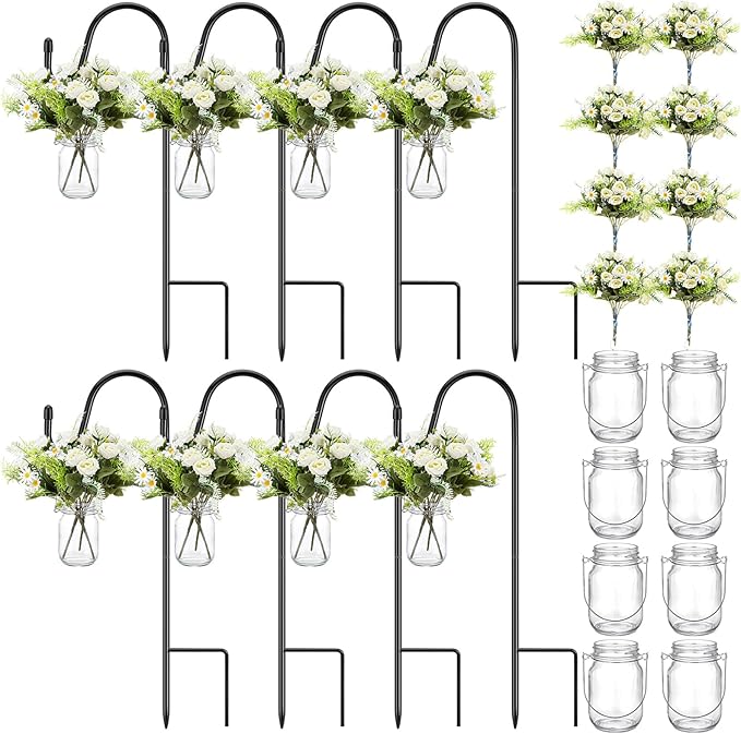 Thiccywoov 8 Sets Wedding Aisle Decoration Include 16 oz Rose Daisy Hanging Mason Jar 32 Shepherds Hooks Rustic Mason Jar ...
