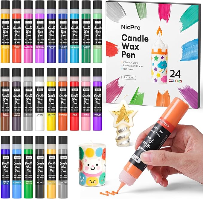 Nicpro Candle Wax Pen, 24 Colors 3D Candle Paint Include Glitter Silver Gold, Safe DIY Candle Making & Painting Kit, Dry F...