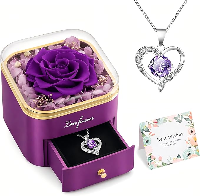Beferr Birthday Gifts for Women Preserved Real Rose with Necklace Eternal Purple Roses Forever Flowers for Delivery Annive...