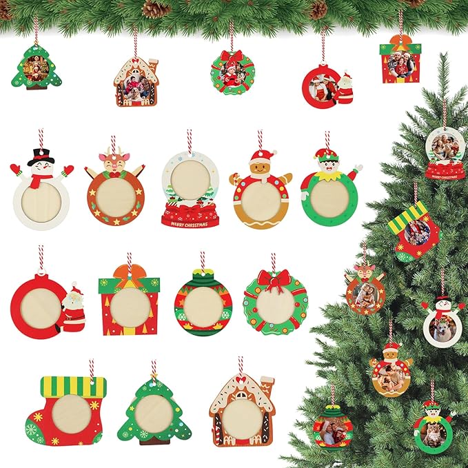 Christmas Wooden Photo Frame Ornaments - Easy to Load, Strong & Cute DIY Picture Frames for Christmas Tree, Perfect Keepsa...
