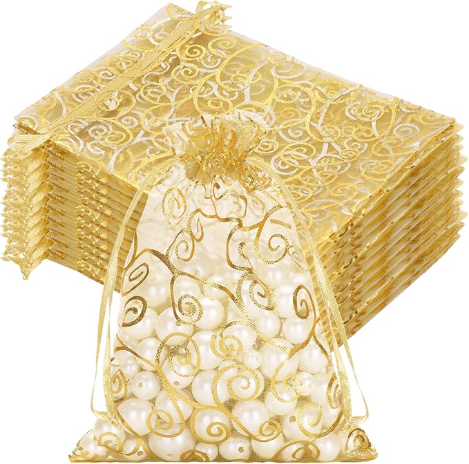 joycraft 50Pcs Organza Gift Bags - 5x7 In Gold Mesh Gift Drawstring Bags, Organza Party Favor Pouch for Valentine's Day, W...
