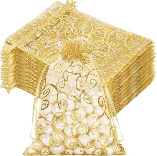 joycraft 50Pcs Organza Gift Bags - 5x7 In Gold Mesh Gift Drawstring Bags, Organza Party Favor Pouch for Valentine's Day, W...