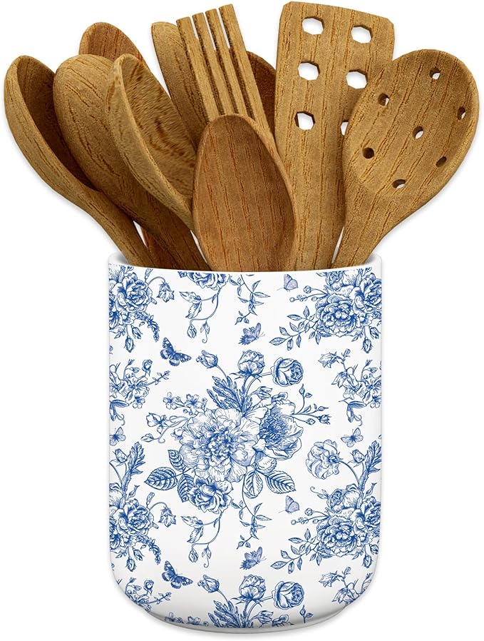 JarThenaAMCS Chinoiserie Floral Ceramic Utensil Holder Blue Flower Butterfly Utensil Crock for Home Kitchen Countertop Sto...