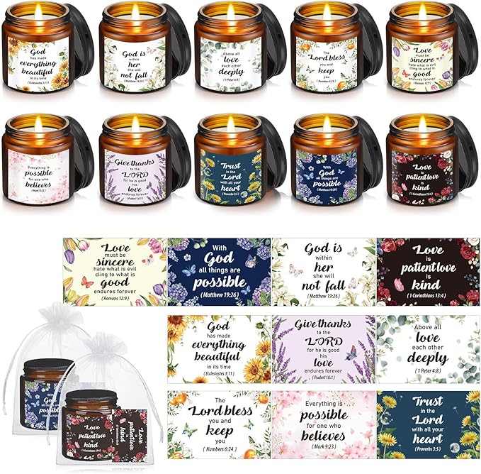 Landhoow 30 Pcs Christian Gifts for Women, 10 Pcs Scented Religious Bible Candles 10 Floral Verses Cards and 10 White Orga...