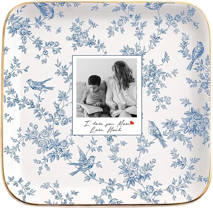 Personalized Photo Ring Dish Custom Ceramic Jewelry Tray Mother's Day Keepsake Square Trinket Bowl With Picture Blue Flora...