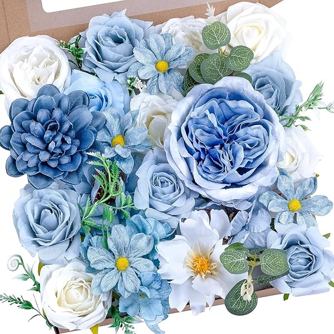 Artificial Blue Flowers Combo Box Set Baby Blue Rose Flowers Bulk Mix Dusty Blue Dahila Peonies Fake Silk Light Blue Flowe...