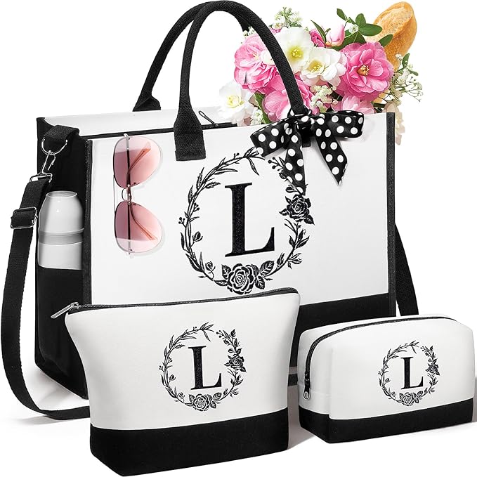 Personalized Gifts for Women, Initial Canvas Tote Bag & Makeup Bag Monogrammed Beach Tote Bags for Women w/ Zipper, Mother...