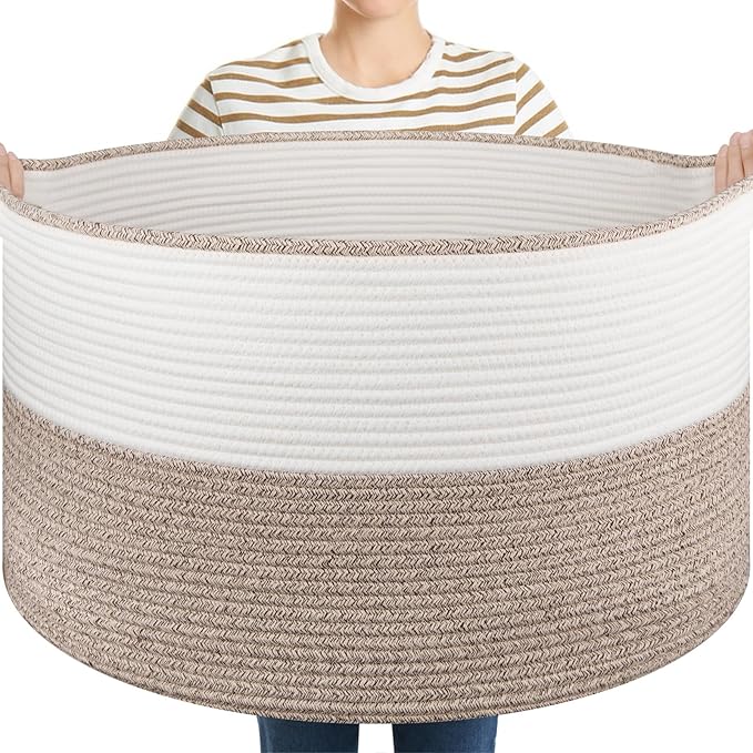 OIASKET Large Blanket Basket with Handles, 22.8" x 22.8" x 13" Woven Storage Basket for Living Room, Cotton Rope Baby Toy ...