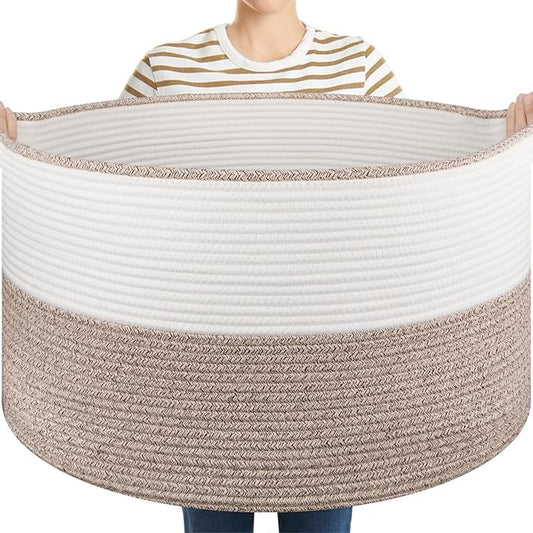 OIASKET Large Blanket Basket with Handles, 22.8" x 22.8" x 13" Woven Storage Basket for Living Room, Cotton Rope Baby Toy ...