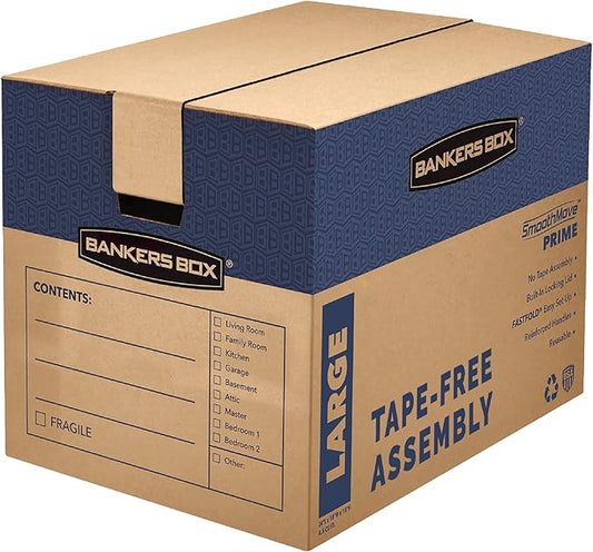 Bankers Box Large Prime Moving Box 6 Pack, Reinforced Handles, Tape-Free Assembly, Attached Lid, 18-in x 18-in x 24-in (00...