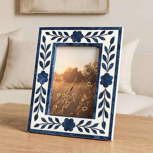 Floral Inlay Picture Frame with 4x6 Photo Display – Unique Picture Frames for Tabletop or Wall Mounting – Elegant Resin & ...