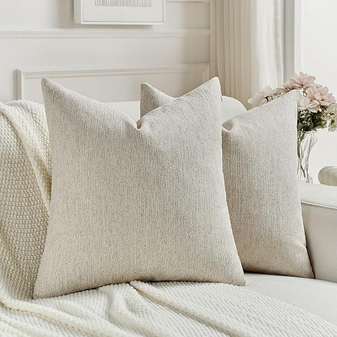FUTEI Natural Linen Chenille Decorative Throw Pillow Covers 18x18 Inch Set of 2,Soft Cozy Faux Linen Textured Cushion Cas...
