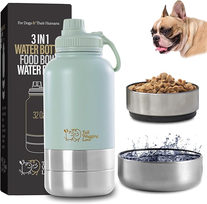Tail Wagging Love 32oz 3-in-1 Portable Travel Water Bottle, Food & Hydration Bottle - Dual Use for Humans & Pets with Deta...