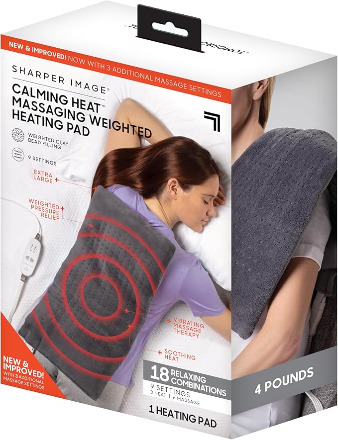 Calming Heat Massaging Vibrations Weighted Heating Pad by Sharper Image | Temperature Settings, Auto Shut-Off Feature, Gif...