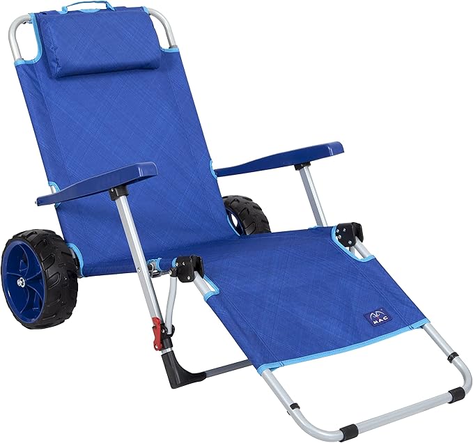 Mac Sports Beach Day Foldable Chaise Lounge Chair with Integrated Wagon Pull Cart Combination and Heavy Wheels - Perfect f...