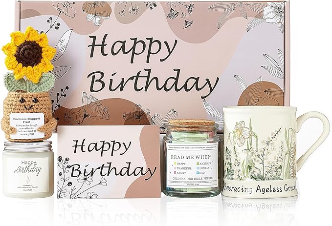 DHYGOTFUR Christian Birthday Gift Set for Women - Ceramic Mug, Bible Verse Jar, Scented Candle, Sunflower & Greeting Card...