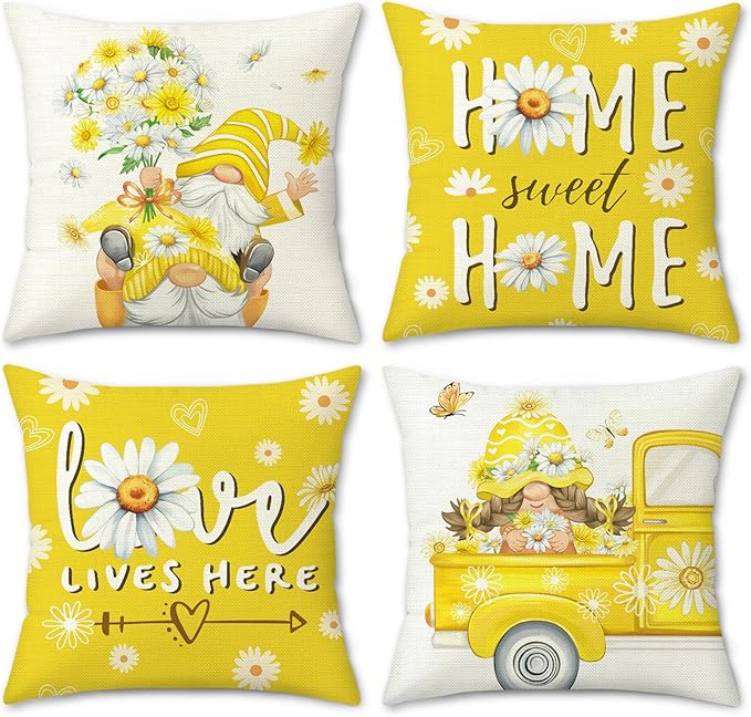 Bonhause Gnomes Daisy Floral Throw Pillow Covers 18x18 Inch Set of 4 Spring Summer Flowers Truck Love Lives Here Yellow Ou...