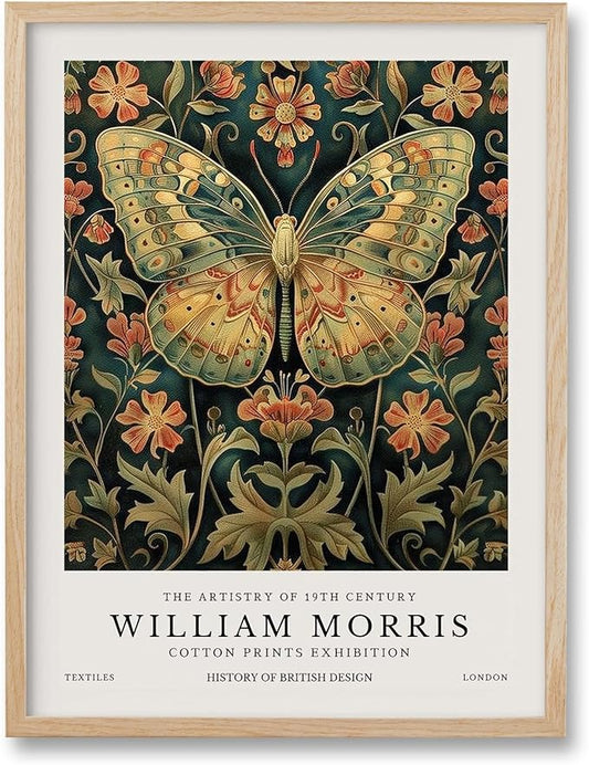 HesenDot William Morris Butterfly Framed Wall Art,12x16in Vintage Canvas Print,Natural OAK Wood Animal Poster Wall Decor f...