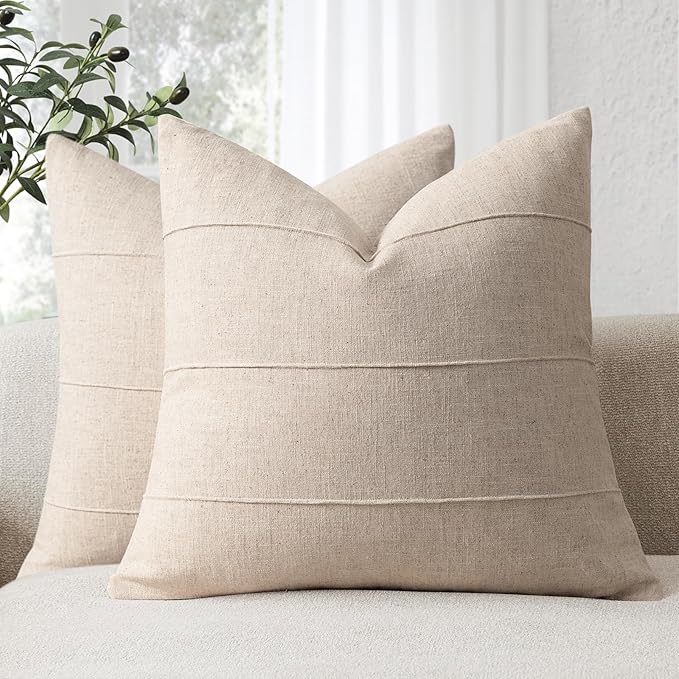 Decorative Linen Throw Pillow Covers 18x18 Set of 2 Solid handcrafted Striped Cushion Covers for Bed Soft Modern Farmhouse...