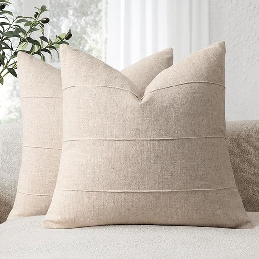 Decorative Linen Throw Pillow Covers 18x18 Set of 2 Solid handcrafted Striped Cushion Covers for Bed Soft Modern Farmhouse...