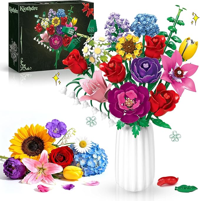 kiothdre Flower Bouquet Set for Adults, Botanical Collection Building Block Toy with Roses Sunflower for Teen Girls, Artif...