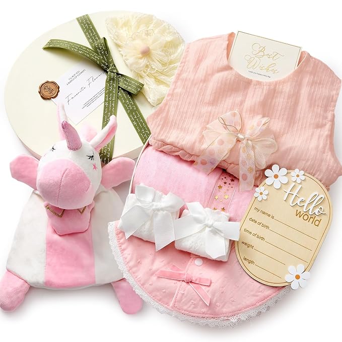 TUZT Newborn Baby Girl Gift Set, 9PCS Baby Shower Gift Box with Onesie Blanket Hand Puppet Milestone Card, New Born Essent...