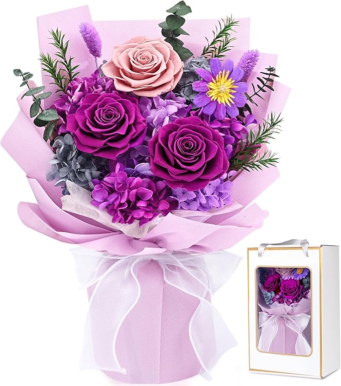 Waipfaru Preserved Flowers, Purple Fresh Bouquet with Gift Box, Flowers for Delivery Prime, Forever Flowers for Women Birt...