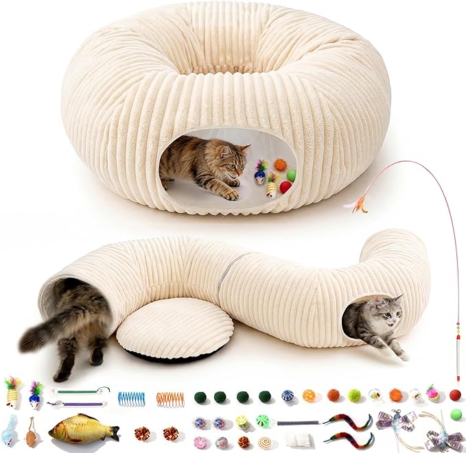 MOYMO Cat Tunnel Bed with 40 Pcs Interactive Cat Toys, Cat Tube with Kitten Toys for Indoor Kittens, Collapsible Play Tunn...