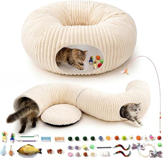 MOYMO Cat Tunnel Bed with 40 Pcs Interactive Cat Toys, Cat Tube with Kitten Toys for Indoor Kittens, Collapsible Play Tunn...