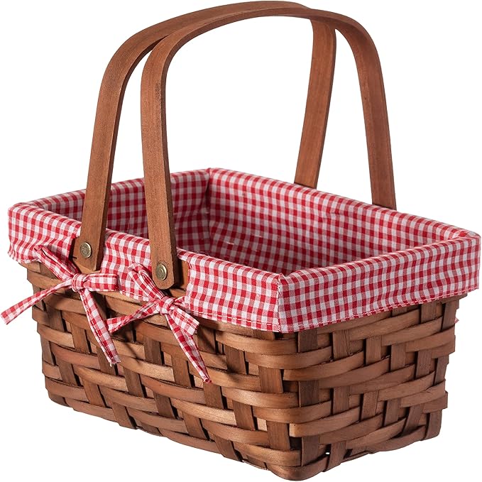 Wickerwise Small Rectangular Woodchip Picnic Baskets with Double Folding Handles, Natural Hand-Woven Basket Lined with Gin...
