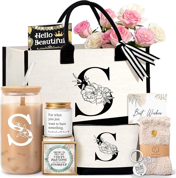 Lepiche Birthday Gifts for Women, Monogrammed Initial Gift for Teacher Wife Mom, Tote Bag