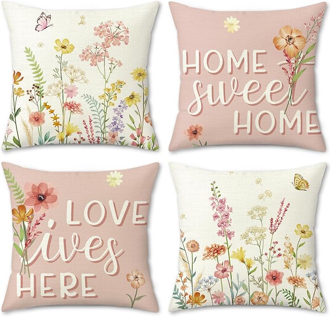 Bonhause Spring Floral Throw Pillow Covers 18x18 Inch Outdoor Pink Garden Wildflowers Plants Farmhouse Decorative Polyeste...