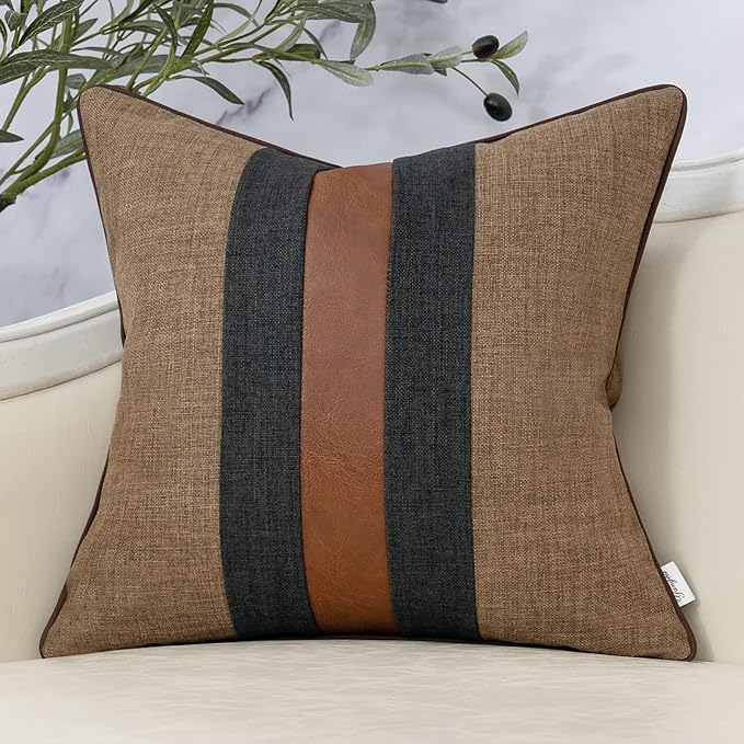 Yangest Patchwork Pillow Cover 18x18 Inch Luxury Cotton and Linen Cushion Cover Faux Leather Pillowcover for Couch Bedroom...