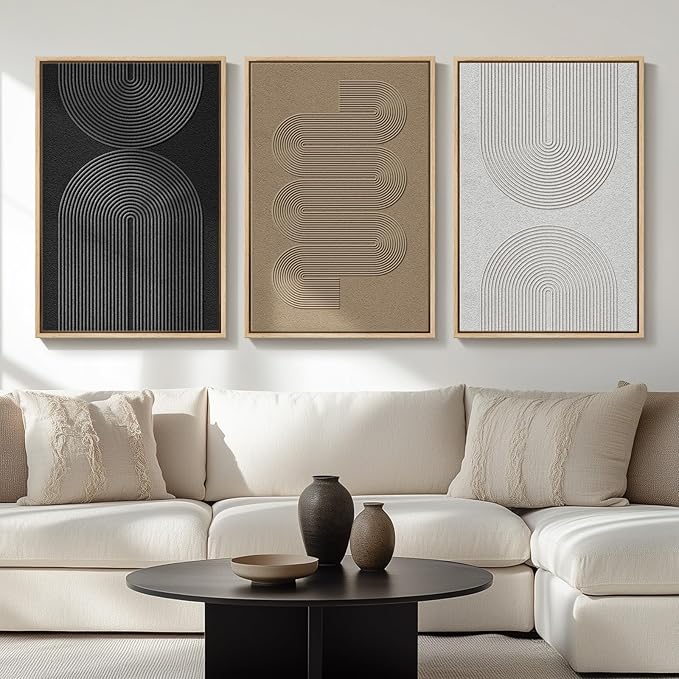 Large Framed Black and White Neutral Abstract Wall Art for Living Room, 3 Piece Boho Canvas Prints Paintings Artwork for W...