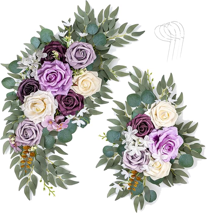 AitnWoy Artificial Wedding Arch Flowers Kit 2 PCS Dust Rose Flowers Silk Peony Floral Swag Welcome Sign for Wedding Ceremo...