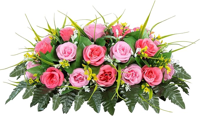 MOOMASS Cemetery Headstone Flower Saddle - Artificial Cemetery Flowers Rose, Grave Decoration，Non-Bleed Colors, and Easy F...
