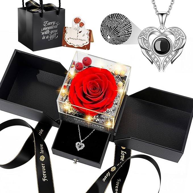 TranquilBliss Gifts for Mom, Preserved Real Red Rose Gift Box with Heart Necklace,“I Love You” in 100 Languages, I Love Yo...