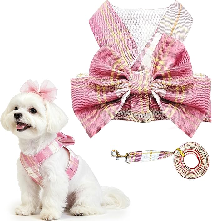 UETZLTB Cute Dog Harness and Leash Set with Bow Tie Soft Mesh Plaid Girl Puppy Harness No Pull Pet Cat Dog Vest Harness fo...