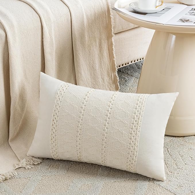 Fancy Homi Set of 1 Boho Cream Lumbar Decorative Throw Pillow Cover 12x20 Inch for Couch Bed Sofa Chair, Modern Organic Fa...