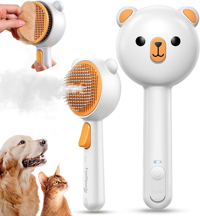 Pet Steam Brush for Dogs & Cats, Brushes for Indoor Cats with Release Button, Dual Speed Spray USB Rechargeable Grooming S...