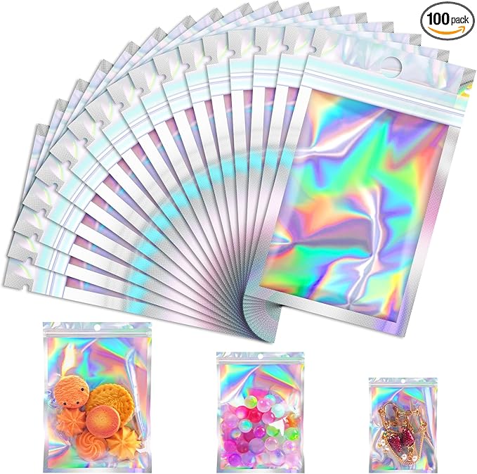 Jetmore 100 Pcs Resealable Mylar Bags, Smell Proof Goodie Bags with Clear Window, Small Holographic Bags for Halloween, Gi...