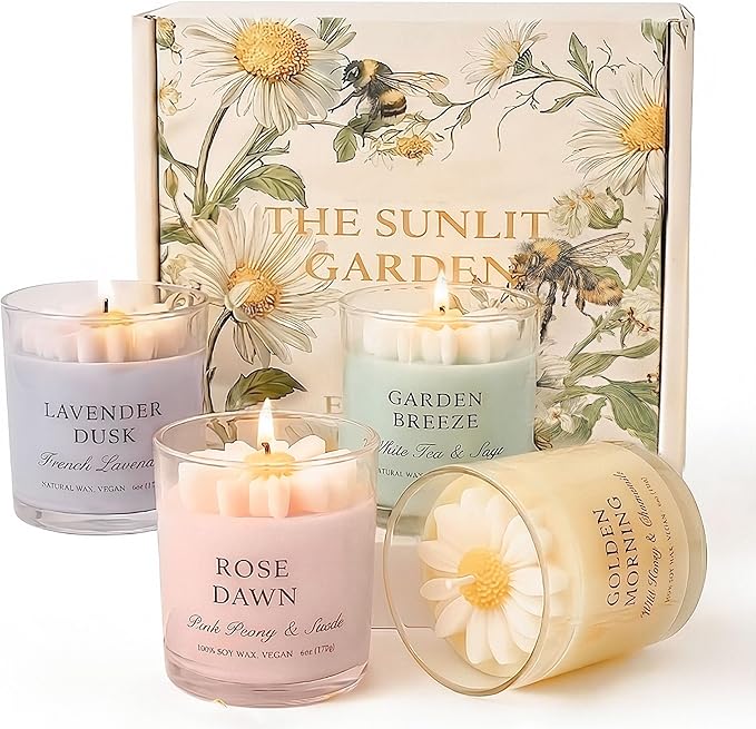 Scented Candles Gift Set for Women, 4 Pack Soy Candles for Home with Unique Floral Design, Relaxing Aromatherapy Candles f...
