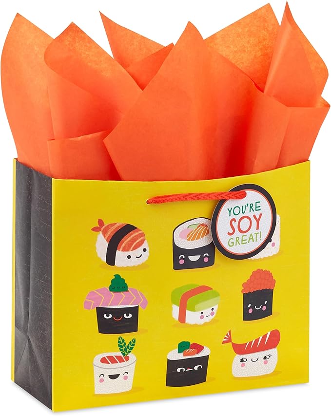 Hallmark 7" Medium Horizontal Gift Bag with Tissue Paper and Gift Tag (Sushi, You're Soy Great!) for Birthdays, Graduation...