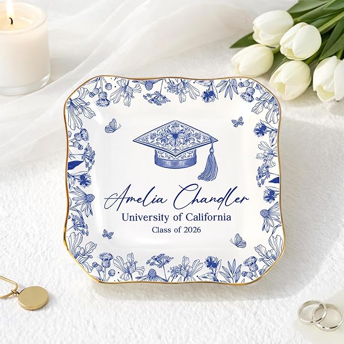 HHLYN14 Personalized Graduation Jewelry Dish 2026, Custom Name Ring Dish, Floral Trinket Plate, Class of 2026 Gift for Dau...