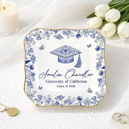 HHLYN14 Personalized Graduation Jewelry Dish 2026, Custom Name Ring Dish, Floral Trinket Plate, Class of 2026 Gift for Dau...